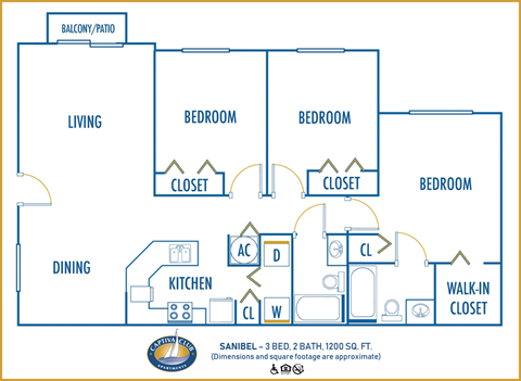 Floor plan for 3 beds, 2 baths, 1200 sqft